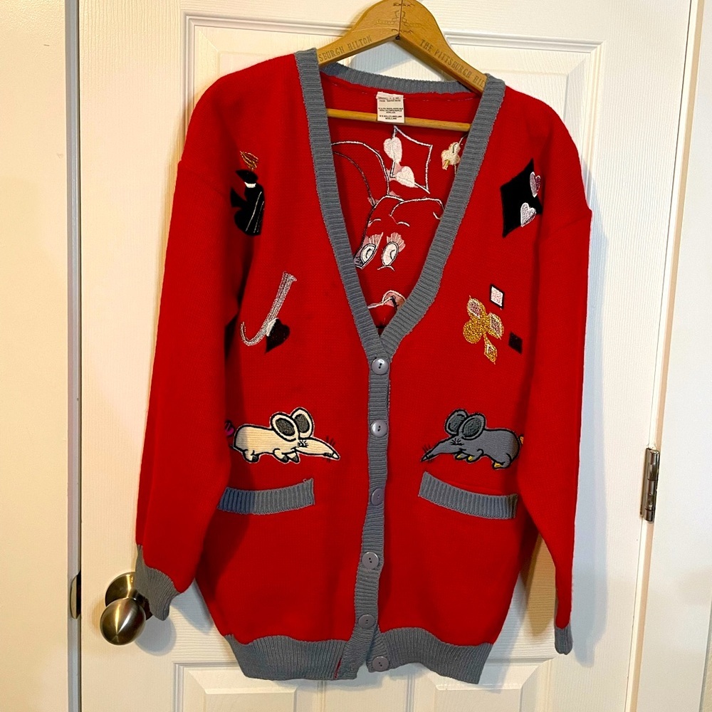 VTG red cardigan sweater w/ elephant & mice appliqué sz L (?)